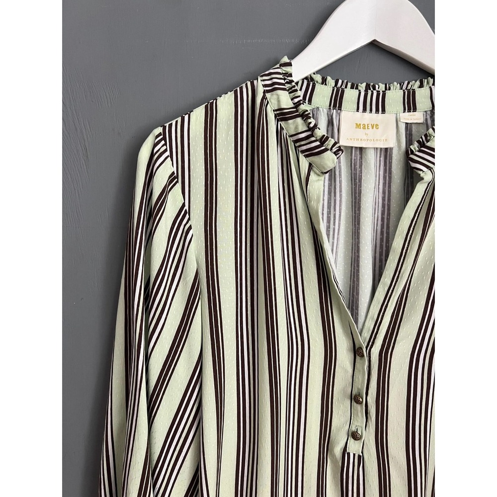 Maeve Blouse Womens Medium Mint Green Brown Striped V-Neck Long Sleeve Top